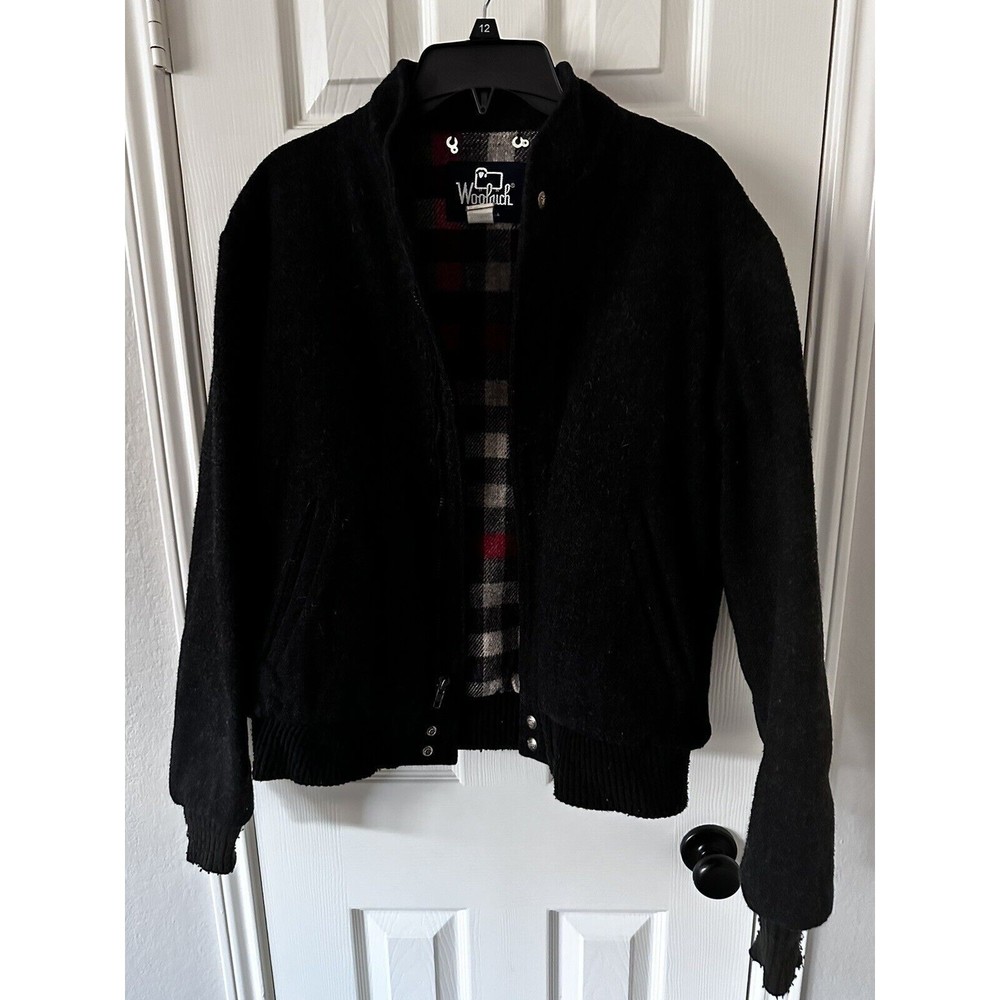 Vintage Woolrich Wool Bomber Jacket M Medium Charcoal Gray Black Plaid Lined